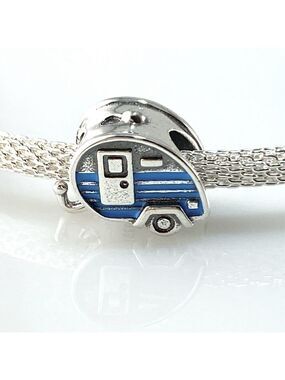 Sterling Silver Blue Enamel Camper Charm Travel Trailer Charm